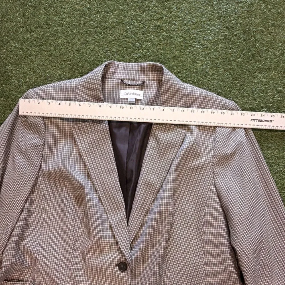 Calvin Klein Womens Brown Houndstooth Grid Plaid Blazer Jacket Single Button 24W - Picture 4 of 16